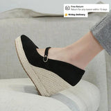 Women Espadrilles Wedge Shoes Spring Autumn Pointed Toe Thick Heel Thick Bottom Straw Mary Jane Heels MartLion   