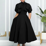 Party Dresses Woman Bow Collar Short Sleeve  Waisted Pleated Ankle Length Birthday Party Robe MartLion Black Dress XXXL 