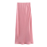 Women's Flowing Satin Midi Skirt Women Vintage Elastic  Waist Flared Street Skirt MartLion   