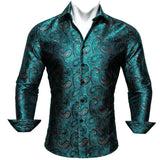 Luxury Blue Shirts Men's Silk Embroidered Paisley Flower Long Sleeve Slim FIT Blouses Casual Tops Lapel Cloth Barry Wang MartLion 0420 S 