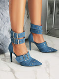  Women's Denim Leather Buckle Single Shoes Slim High Heels Pointed Sandals MartLion - Mart Lion