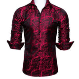 Silk Shirts Men's Red Burgundy Paisley Flower Long Sleeve Slim Fit Blouse Casual Lapel Clothes Tops Streetwear Barry Wang MartLion 0028 S 