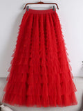 Mesh Skirt Women Waist A-line Spliced Solid Color Loose Skirts MartLion M Red 2 