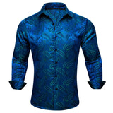 Luxury Blue Shirts Men's Silk Embroidered Paisley Flower Long Sleeve Slim FIT Blouses Casual Tops Lapel Cloth Barry Wang MartLion 0451 S 