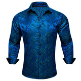 Elegant Men's Shirts Silk Long Sleeve Blue Flower Slim Fit Casual Lapel Tops Breathable Single Breasted Barry Wang MartLion   