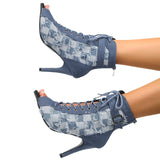  Rubber Sole Latin Dance Boots Modern Shoes Dance High-heeled 9cm Sandals Lace-up Hollow Belt Buckle Square Denim MartLion - Mart Lion