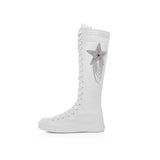 Long Canvas Shoes Pentagram Pattern Casual Rhinestone Women's Long Sleeve Thigh High Boots MartLion white 42 