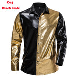 Men's Disco Shiny Gold Sequin Metallic Design Dress Shirt Long Sleeve Button Down Christmas Halloween Bday Party Stage Mart Lion C04 Black Gold US Size S 