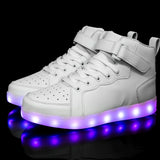 Men's and Women's High Top Board Shoes Children's Luminous LED Light Shoes Mirror Leather Panel MartLion White037 44 