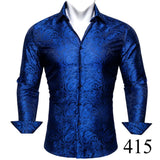 Barry Wang Exquisite Blue Silk Paisley Men's Shirt Four Seasons Lapel Long Sleeve Embroidered Leisure Fit Party Wedding MartLion   