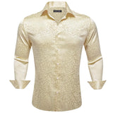 Luxury Shirts Men's Silk Satin Silk Gray Leaves Long Sleeve Blouses Casual Lapel Tops Breathable Streetwear Barry Wang MartLion 0715 S 