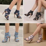 Blue Leopard Women Round Toe High Stiletto Heels Lady Sandals MartLion   