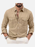 European and American Men's Shirts with Multiple Pockets, Casual Slim Fit, Long sleeved Workwear Top MartLion khaki XL 