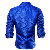 Hi-Tie Navy Royal Sky Blue Silk Men's Shirts Lapel Collar Long Sleeve Dress Shirt Jacquard Blouse Wedding MartLion   