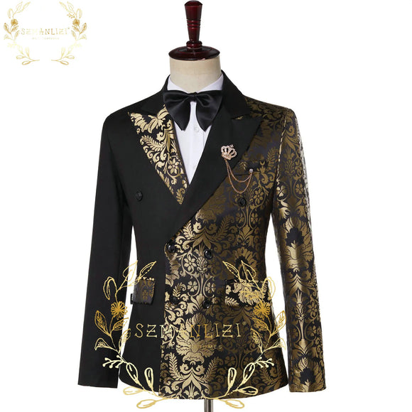 Double Breasted Black Gold Floral Jacquard Slim Fit Men's Suits Wedding Groom Tuxedos Party Jacket Pant Terno Masculino MartLion only jacket XS(EU44 Or US34) 