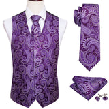 4PC Men's Silk Vest Party Wedding Purple Paisley Solid Floral Waistcoat Vest Pocket Square Tie Slim Suit Set Barry Wang Mart Lion MJ-2009 L 