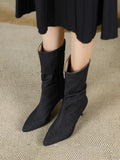 Pointed Toe Thin Heel Denim Boots with Mid Sleeve Fold 7.5cm High Women's Shoes Jean for Women MartLion black 35 