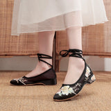 Satin Fabric Embroidered Women Ankle Strap Ballet Flats Vegan Elegant Ladies Walking Shoes Black White Gray MartLion   