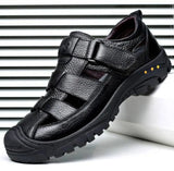 Men's Sandals Summer Genuine Leather Breathable Office Shoes Soft Handmade Hollows Outdoors Hiking MartLion Black 5.5 