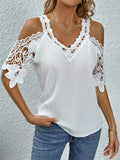 Shoulder Lace Short Sleeve Shirt Women V Neck Pullover Blouse MartLion WHITE XL 