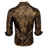 Hi-Tie Silk Men's Shirts Black Gold Long Sleeve Slim Fit Paisley Lapel Brooch Shirt Wedding Party Gift Designer MartLion   