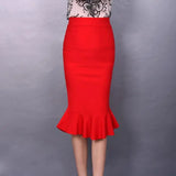 Female Lotus Leaf Pack Hip Fish Skirt Waist Stretch One Step Skirt MartLion Red M 