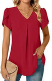 Summer Solid Color V-neck Short Sleeve Pullover Shirt Ladies Loose Casual Simple All-match Blouse Top Women's Clothing MartLion Red M 