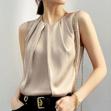 Summer Elegant Sleeveless Satin Shirt Ladies Round Neck Folds All-match Blouse Women Solid Color MartLion Apricot S 