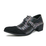 Men's Formal Shoes with High Heels Flat Bottoms Pointed Suede Stitching Belt Buckle MartLion Black 38 