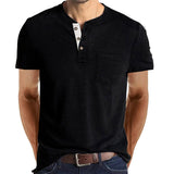 Summer Henley Collar T-Shirts Men's Short Sleeve Casual Tops Tee Solid Cotton Mart Lion black S 60-70kg 