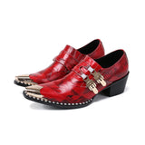 Black Red Pointed Toe Dress Shoes Men's Office Genuine Leather Breathable Buckle Slip On Snake Pattern High Heels Shoes MartLion Red 37 CHINA
