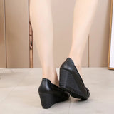 Genuine Leather 7cm High Heels Women Wedge Shoes Elegant Ladies Wedges Heeled Black Beige Soft MartLion   