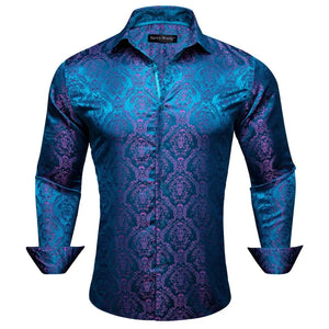 Elegant Men's Shirts Silk Long Sleeve Blue Flower Slim Fit Casual Lapel Tops Breathable Single Breasted Barry Wang MartLion