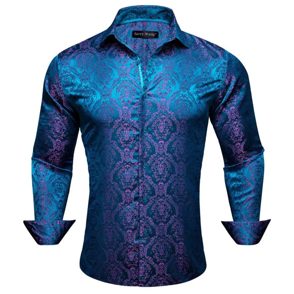 Elegant Men's Shirts Silk Long Sleeve Blue Flower Slim Fit Casual Lapel Tops Breathable Single Breasted Barry Wang MartLion 0464 S 