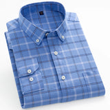 Men's Casual Long Sleeve Woven Button Down Shirt Single Patch Pocket Standard-fit Plaid Striped Cotton Oxford Shirts MartLion 8186-36 38 