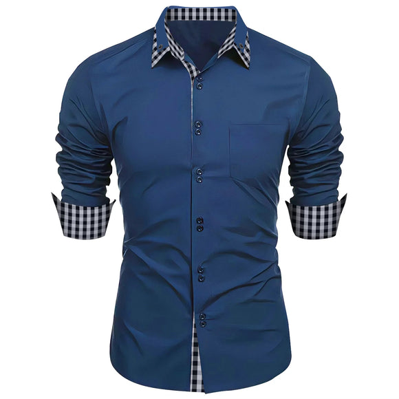 Men long-sleeved Shirt solid Color lapel Casual Summer style Casual  Men shirt MartLion Navy blue XXL 