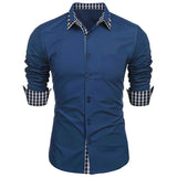 Men long-sleeved Shirt solid Color lapel Casual Summer style Casual  Men shirt MartLion Navy blue XXL 