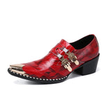 Black Red Pointed Toe Dress Shoes Men's Office Genuine Leather Breathable Buckle Slip On Snake Pattern High Heels Shoes MartLion   