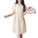 Elegant Party Dress Summer Women  Short Sleeve OL Work Sundress MartLion Beige 5XL 