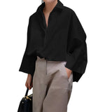 Women Stylish Black White Solid Color Lapel Blouses Spring Autumn Long Sleeve Loose Causal Office Shirts Tops MartLion   