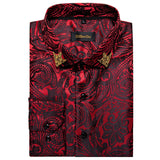 Red Floral Paisely Luxury Shirts Men's Club Wear Silk Shirt Long Sleeve Singal Breasted Spring Fall Tops MartLion   