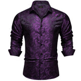 Luxury Purple Paisley Men's Long Sleeve Silk Polyester Dress Shirt Button Down Collar Social Prom Party Clothing MartLion CYC-2050 S 