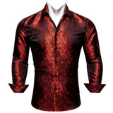 Silk Shirts Men's Red Burgundy Paisley Flower Long Sleeve Slim Fit Blouse Casual Lapel Clothes Tops Streetwear Barry Wang MartLion   