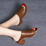 Thick-heeled Soft Leather Outer Slippers Fish Mouth Versatile Mid-heeled Sandals Women's Mother's Shoes MartLion Brown 42 