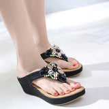 Women Slippers Thong Flip Flop Summer Beach Wedge Shoes Bohemia Ethnic Rhinestone Crystal Mules Slide Sandals MartLion   