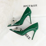Certified Products Banquet Slim Ultra High Heels Shallow Mouth Pointed Rhinestone Bow Tie Patent Leather Shoes MartLion   