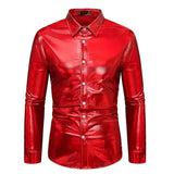 Men's Shiny Gold Metallic Shirt Long Sleeve Button Up Dress Shirts 70s Disco Party Stage Singer Camisas Masculina MartLion wine red S 