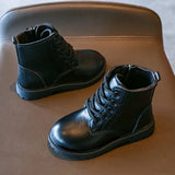 Kids Casual Boots PU Leather Black Zipper for Boys Girls Cross-tied Children Ankle High Boots Anti-skid Round Toes Soft MartLion