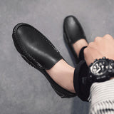 Genuine Leather Men's Casual Shoes Loafers Moccasins Breathable Slip on Driving Mocasines Hombre Mart Lion Black 38 