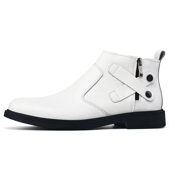 White Formal Chelsea Mens Boots Round Toe Low Heel Ankle Boots Side Zipper Leather Cowboy Boots MartLion